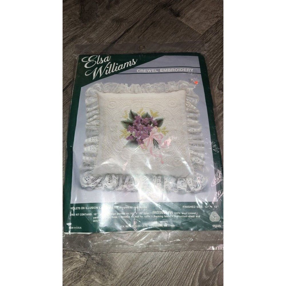 Elsa Williams Crewel Embroidery Violets On Illusion Lace Pillow Cover 12X12 in